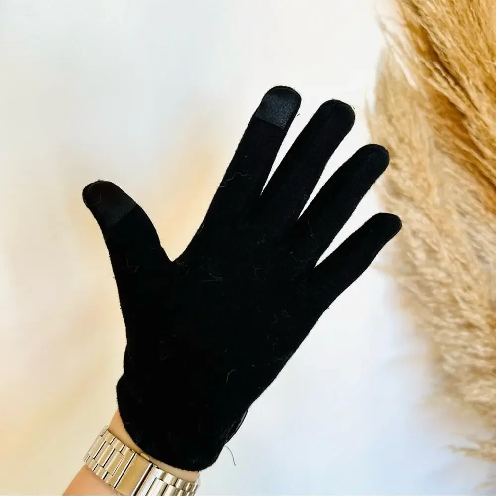 NORDSTROM Black Faux Leather Piping Button Trim Touch Sensitive Warm Hand Gloves